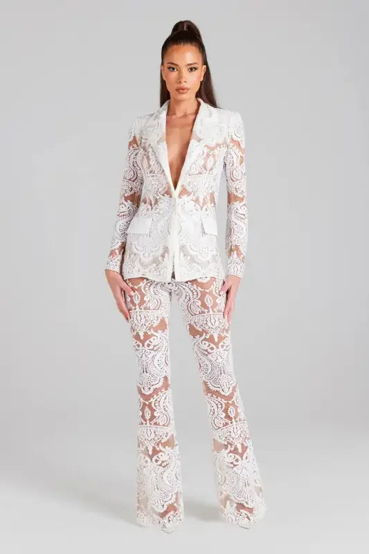 Single Button Guipure Lace Blazer Pants Suit | Fashionsarah.com