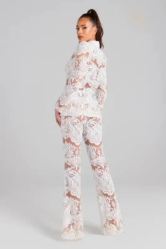 Single Button Guipure Lace Blazer Pants Suit | Fashionsarah.com