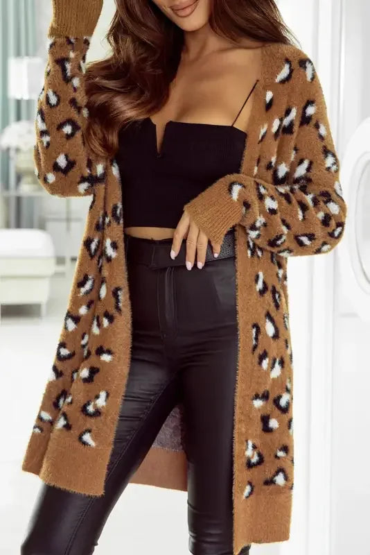 Fashionsarah.com Brown Leopard Print Fur Cardigan