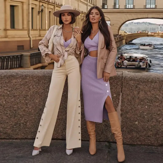 Ladies Deep V High Stretch Sweater Skirt Set | Fashionsarah.com