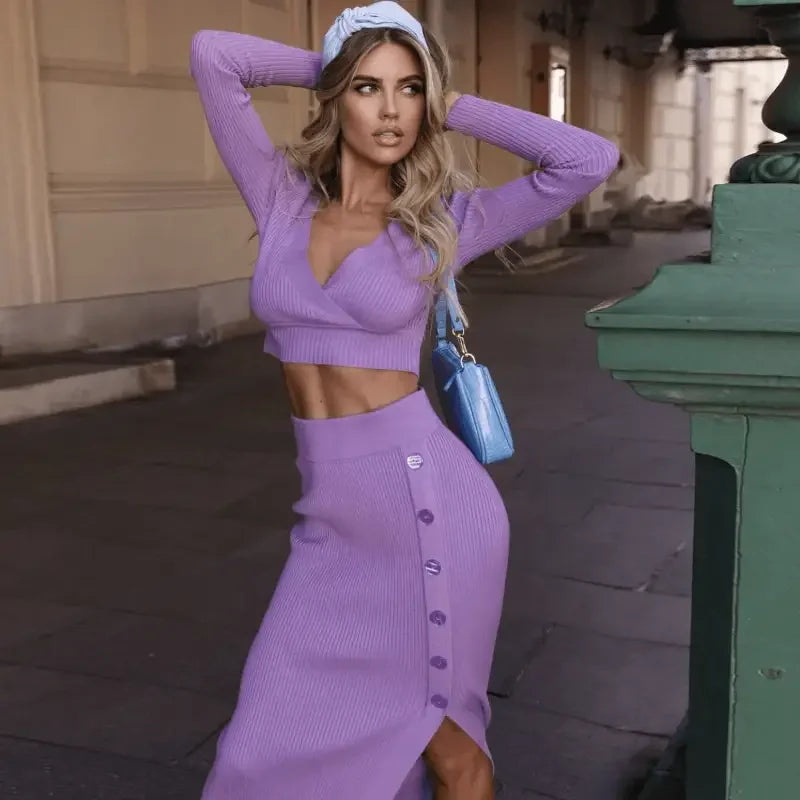 Ladies Deep V High Stretch Sweater Skirt Set | Fashionsarah.com