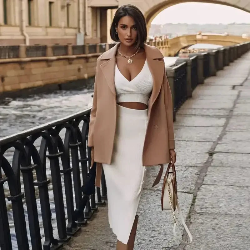 Ladies Deep V High Stretch Sweater Skirt Set | Fashionsarah.com