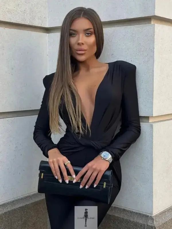 Fashionsarah.com Fashionsarah.com Deep V Neck Long Sleeve Skinny Jumpsuit