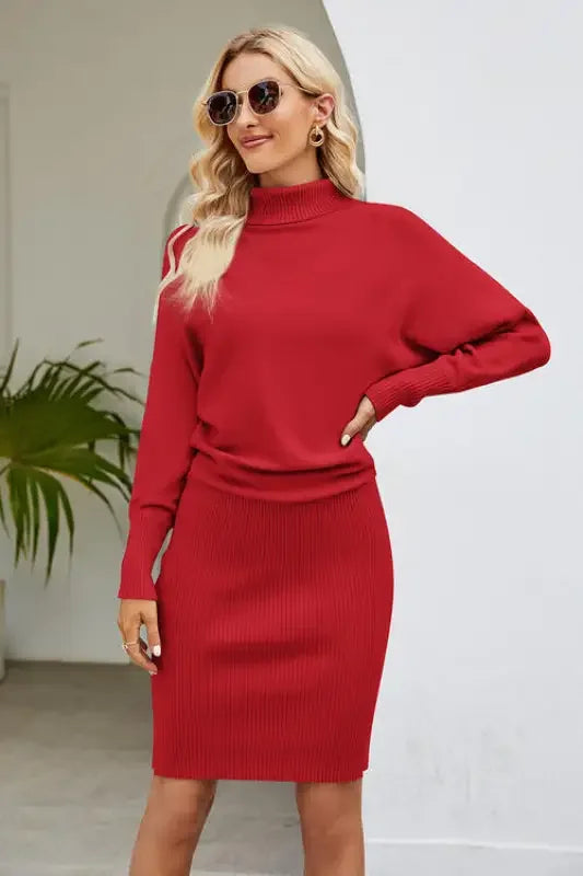 Ribbed Mock Neck Long Sleeve Dress | Fashionsarah.com