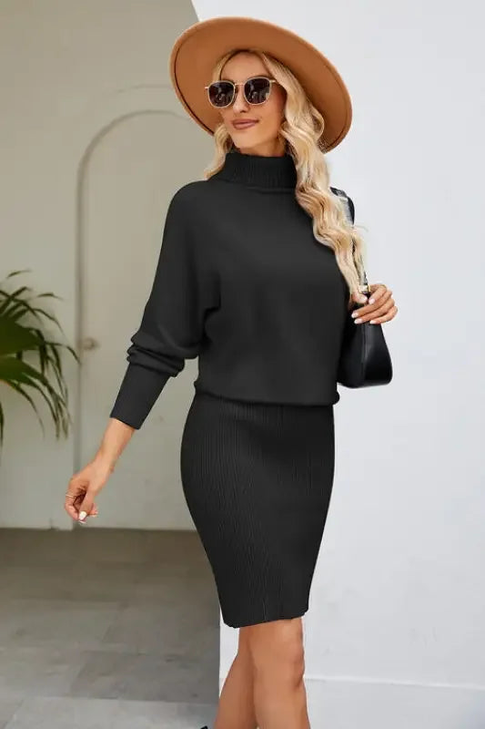 Ribbed Mock Neck Long Sleeve Dress | Fashionsarah.com
