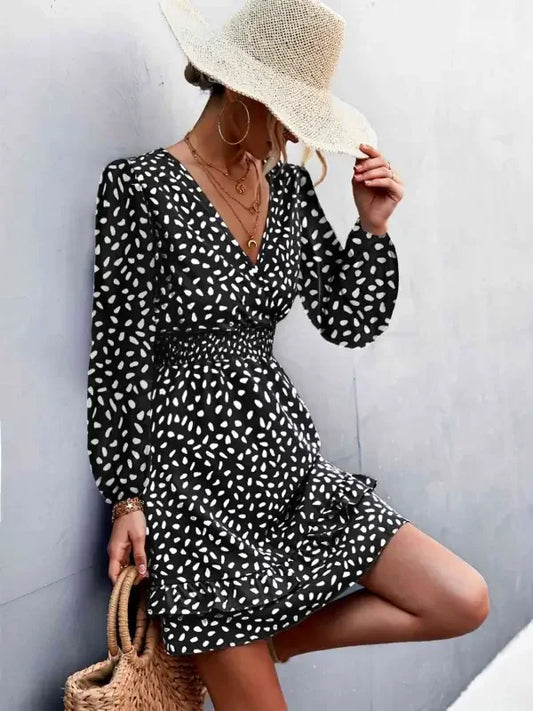 Printed Ruffle Trim Smocked Mini Dress | Fashionsarah.com