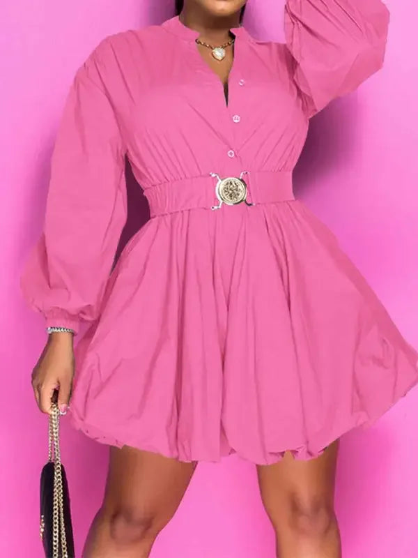 Notched Button Up Balloon Sleeves Dress | Fashionsarah.com