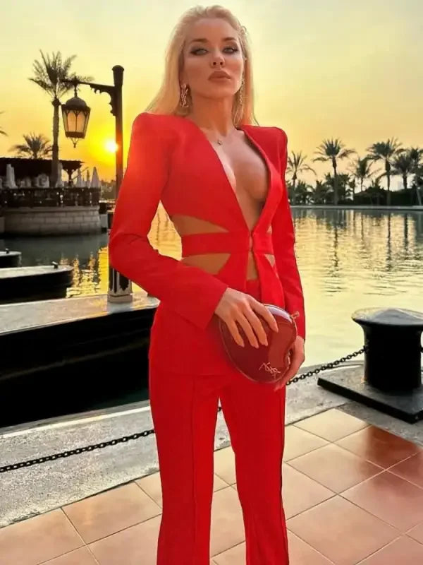 Red Hollow Slim Fit Blazer with Flare Trousers | Fashionsarah.com