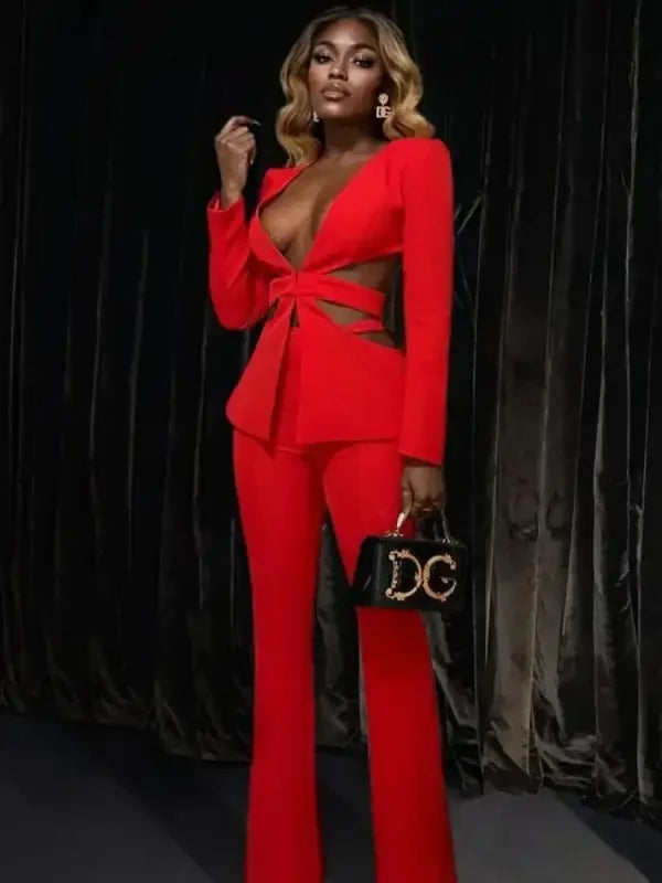 Red Hollow Slim Fit Blazer with Flare Trousers | Fashionsarah.com