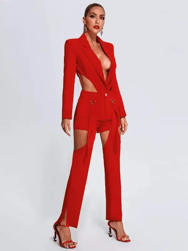 Sexy Hollow Out Red Blazer Pant Suits | Fashionsarah.com