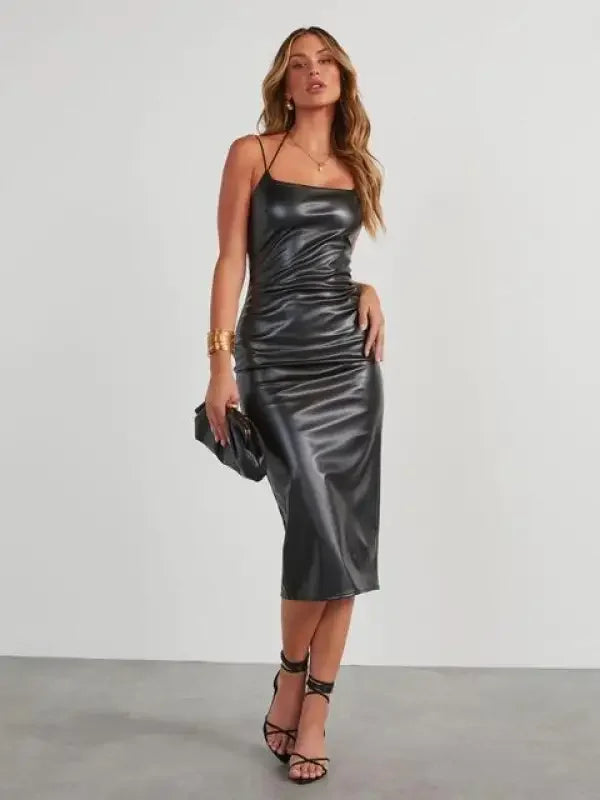 PU Slit Midi Dress | Fashionsarah.com