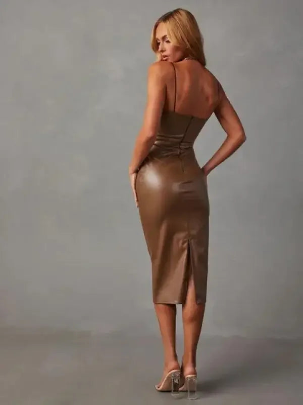 PU Slit Midi Dress | Fashionsarah.com