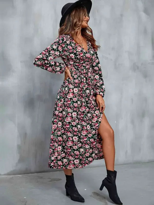 Floral V-Neck Slit Midi Dress | Fashionsarah.com