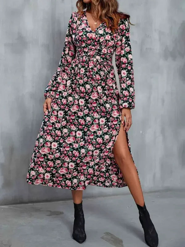 Floral V-Neck Slit Midi Dress | Fashionsarah.com