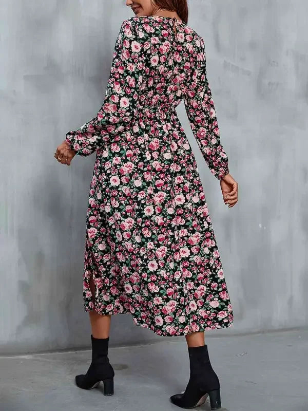 Floral V-Neck Slit Midi Dress | Fashionsarah.com