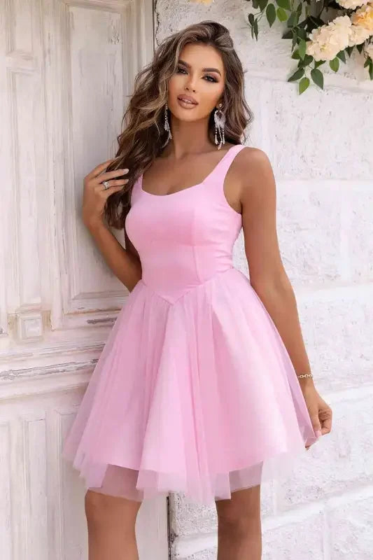 Pink sleeveless wide strap mesh dress from Mesh Dress Fashsarah, strap mesh dress fashion
