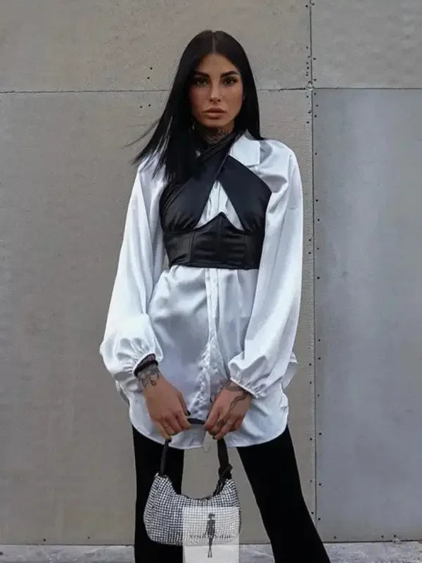Fashionsarah.com Fashionsarah.com Women Loose White Satin Women Shirt With Black Halter Crop Top