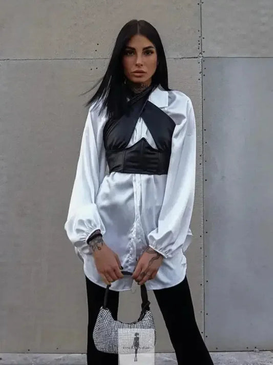 Fashionsarah.com Fashionsarah.com Women Loose White Satin Women Shirt With Black Halter Crop Top