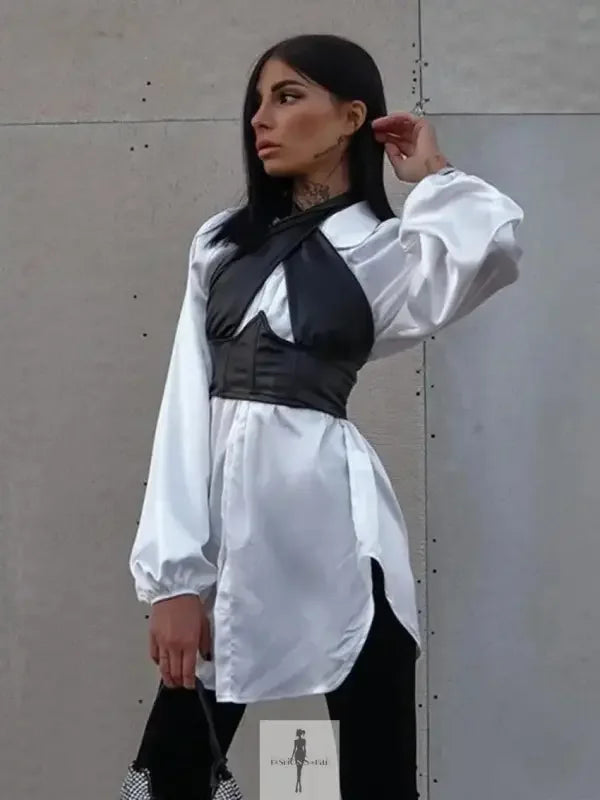 Fashionsarah.com Fashionsarah.com Women Loose White Satin Women Shirt With Black Halter Crop Top