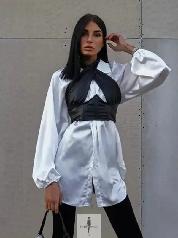 Fashionsarah.com Fashionsarah.com Women Loose White Satin Women Shirt With Black Halter Crop Top
