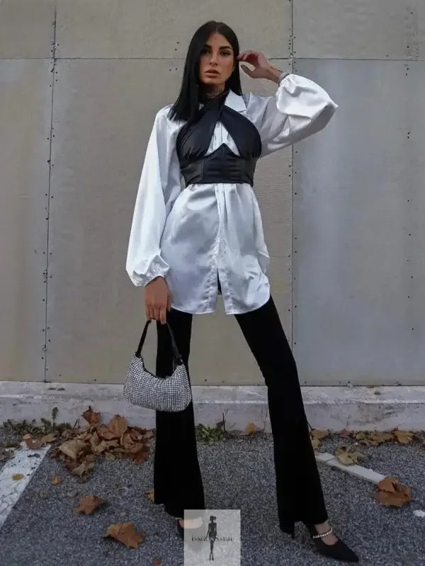 Fashionsarah.com Fashionsarah.com Women Loose White Satin Women Shirt With Black Halter Crop Top