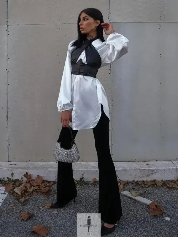 Fashionsarah.com Fashionsarah.com Women Loose White Satin Women Shirt With Black Halter Crop Top