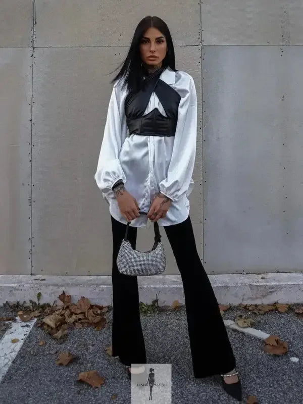 Fashionsarah.com Fashionsarah.com Women Loose White Satin Women Shirt With Black Halter Crop Top