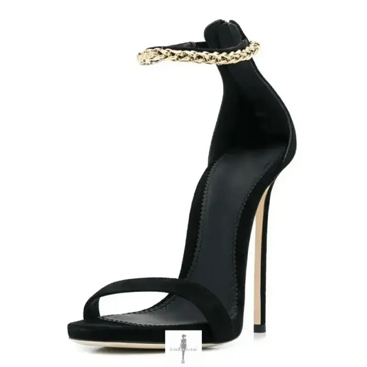 Elegant high heels: black stiletto sandal with gold ankle strap for stylish parties