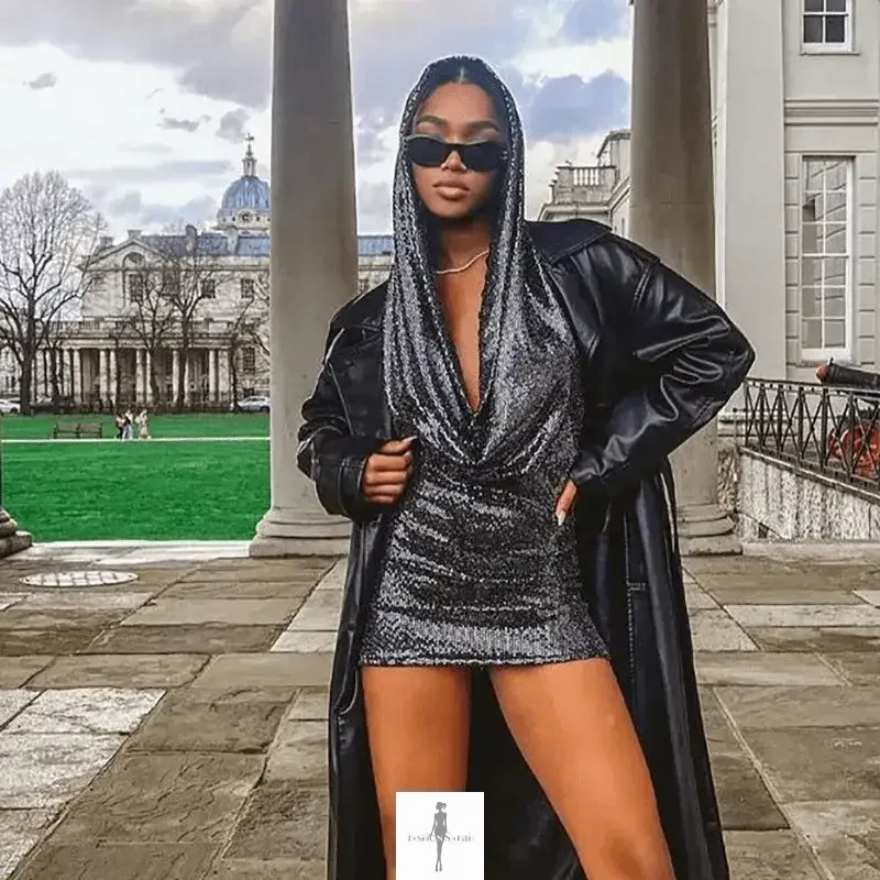 Fashionsarah.com Fashionsarah.com Sexy Sequin Hooded Backless Halter Dress