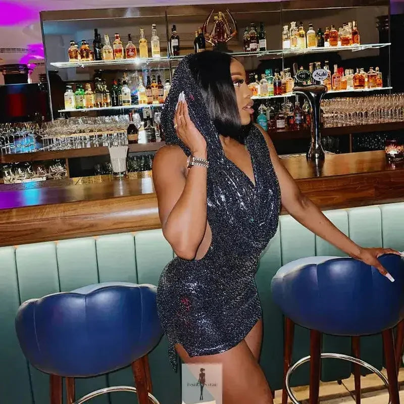 Fashionsarah.com Fashionsarah.com Sexy Sequin Hooded Backless Halter Dress