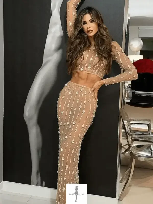 Fashionsarah.com Fashionsarah.com Women Rhinestone Sparkly Maxi Skirt with Top Set