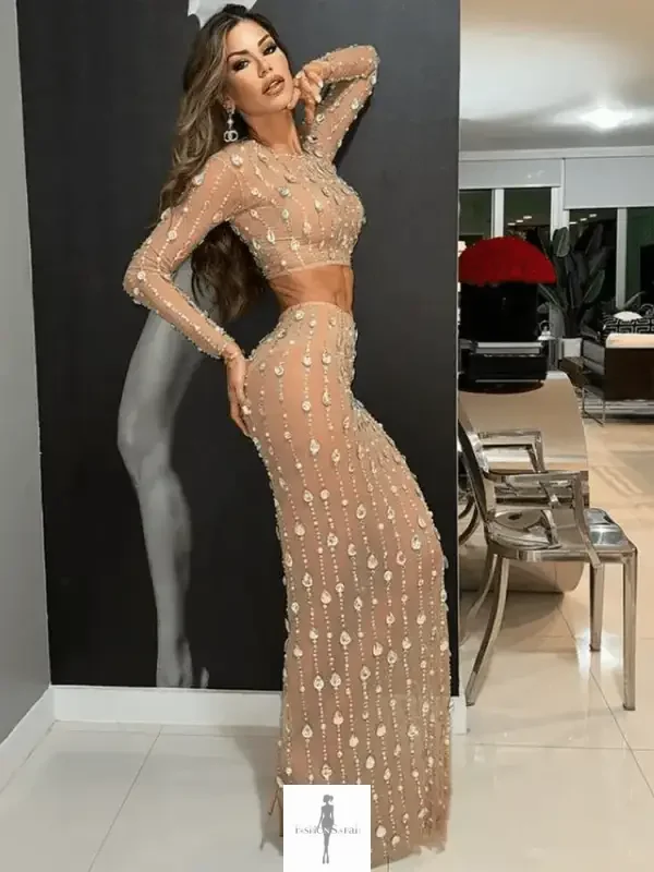 Fashionsarah.com Fashionsarah.com Women Rhinestone Sparkly Maxi Skirt with Top Set