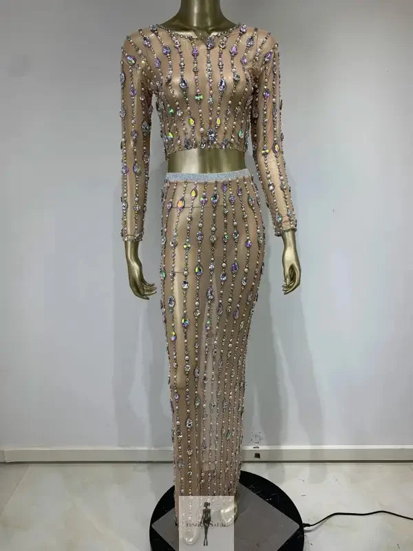 Fashionsarah.com Fashionsarah.com Women Rhinestone Sparkly Maxi Skirt with Top Set