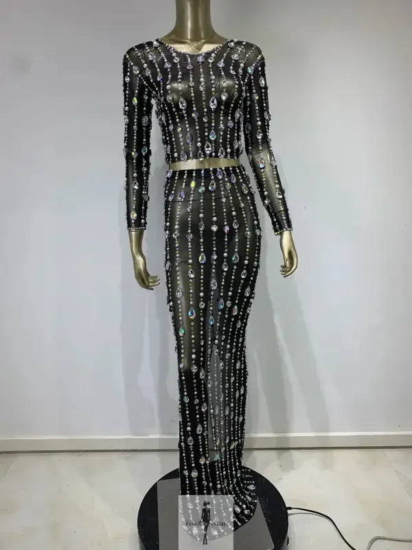 Fashionsarah.com Fashionsarah.com Women Rhinestone Sparkly Maxi Skirt with Top Set