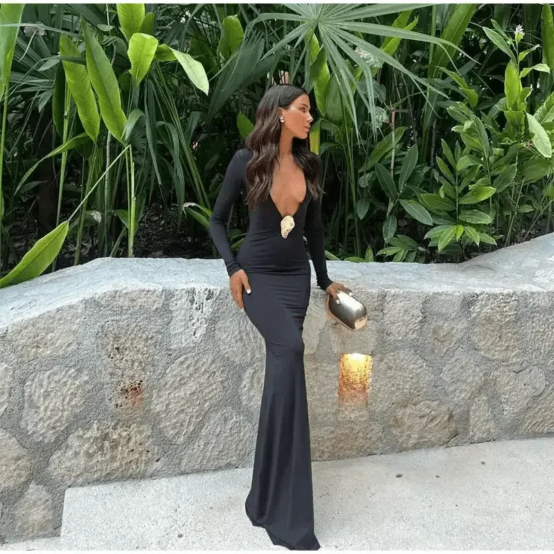 Deep V Long Sleeve Maxi Dress
