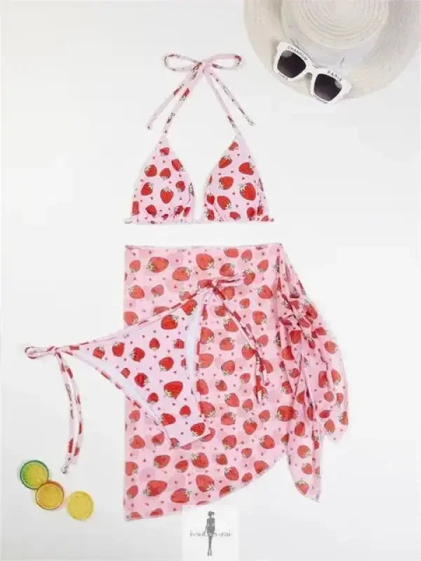 Fashionsarah.com Fashionsarah.com Strawberry Print Bikini Mesh Skirt Swimwear