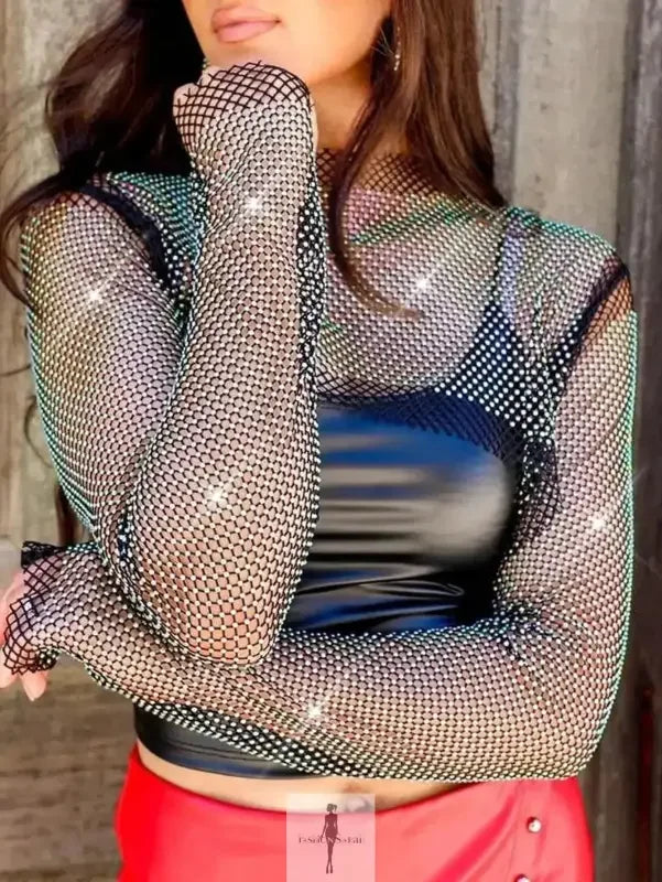 Fashionsarah.com Fashionsarah.com Rhinestone Hollowed Out Fishnet Women Tops