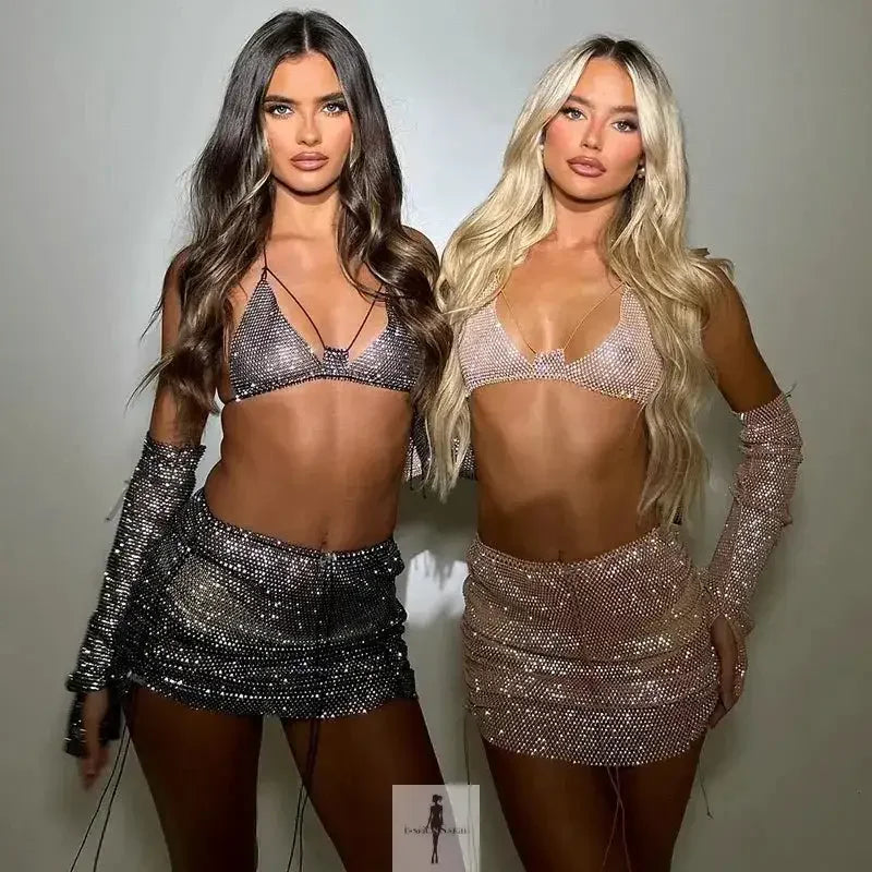 Fashionsarah.com Fashionsarah.com Rhinestone Women Top with Mini Skirt and Arm Cuff