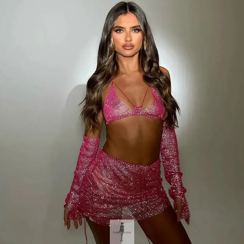 Fashionsarah.com Fashionsarah.com Rhinestone Women Top with Mini Skirt and Arm Cuff