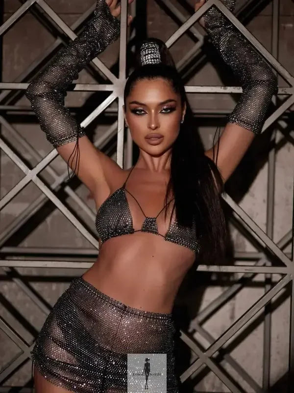 Fashionsarah.com Fashionsarah.com Rhinestone Women Top with Mini Skirt and Arm Cuff