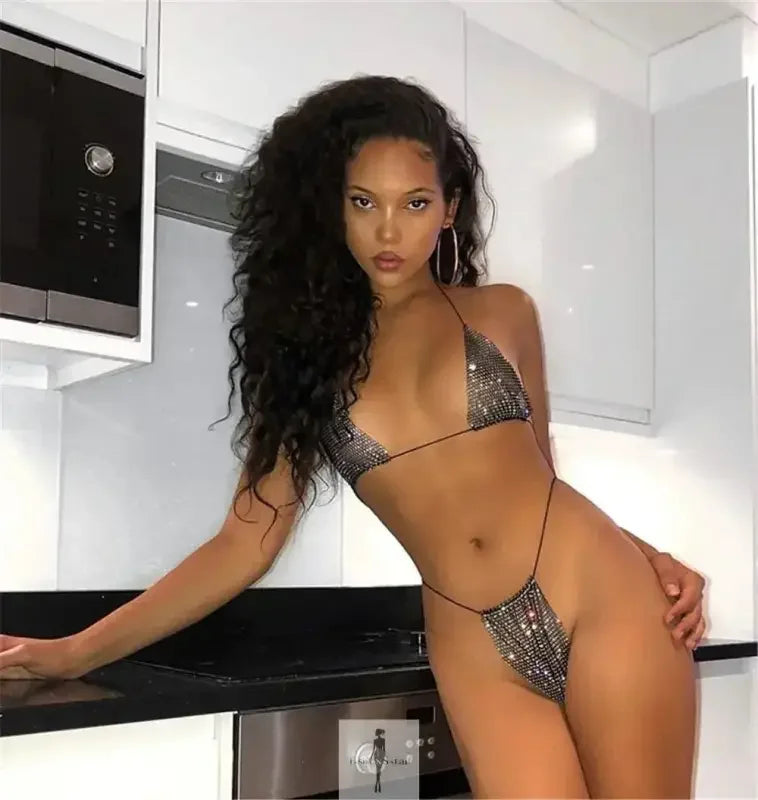 Fashionsarah.com Fashionsarah.com Rhinestone Women Top with Mini Skirt and Arm Cuff