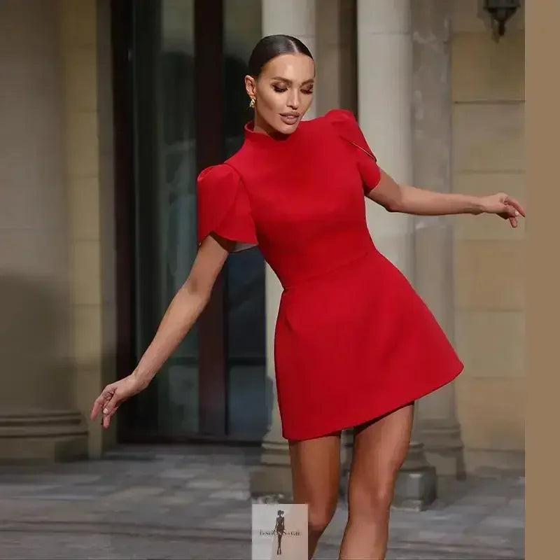 Fashionsarah.com Fashionsarah.com Red Mini Dress with Bow and Pad Shoulder