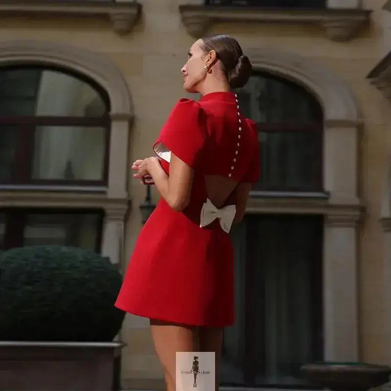 Fashionsarah.com Fashionsarah.com Red Mini Dress with Bow and Pad Shoulder