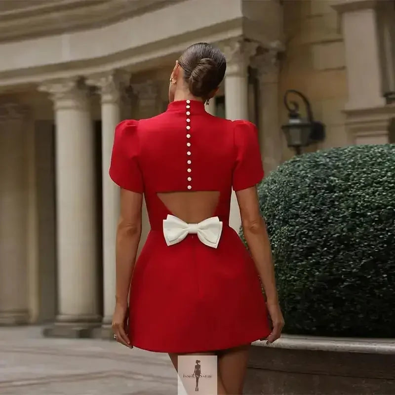 Fashionsarah.com Fashionsarah.com Red Mini Dress with Bow and Pad Shoulder