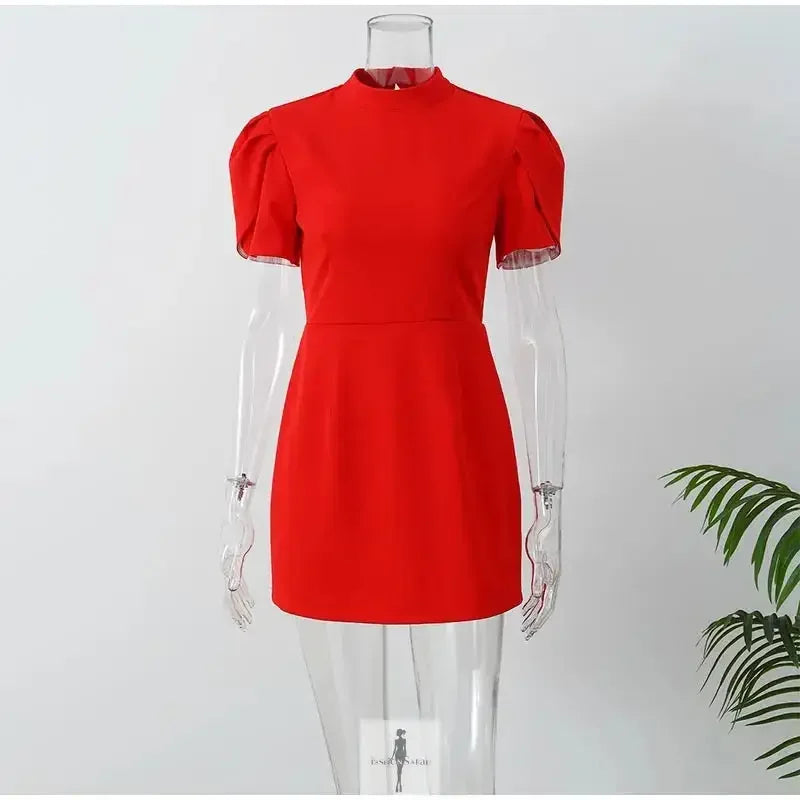 fitted lace wedding dress Red Mini Dress with Bow and Pad Shoulder