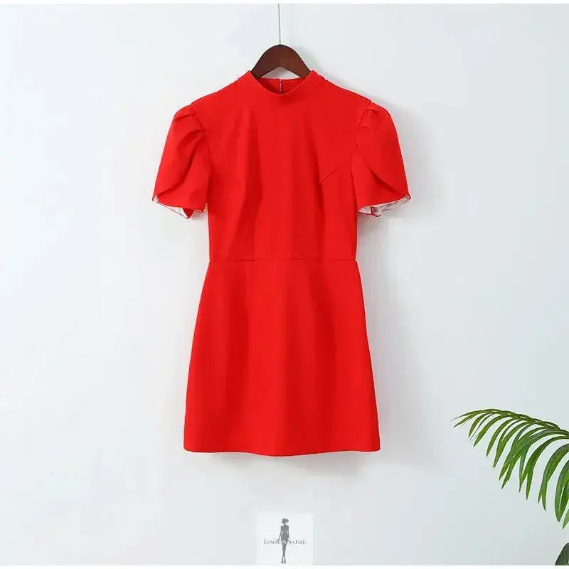 Red Mini Dress with Bow and Pad Shoulder