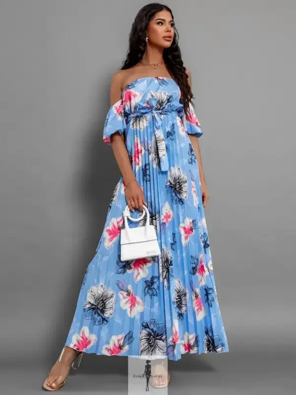 Fashionsarah.com Fashionsarah.com Pleated Floral Off-Shoulder Short Sleeve Midi Dress