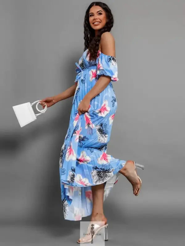 Fashionsarah.com Fashionsarah.com Pleated Floral Off-Shoulder Short Sleeve Midi Dress