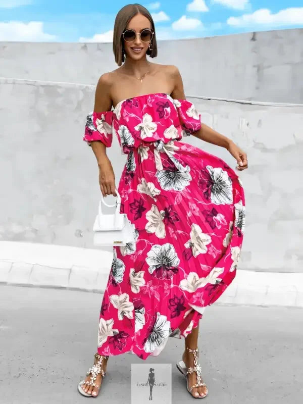 Fashionsarah.com Fashionsarah.com Pleated Floral Off-Shoulder Short Sleeve Midi Dress