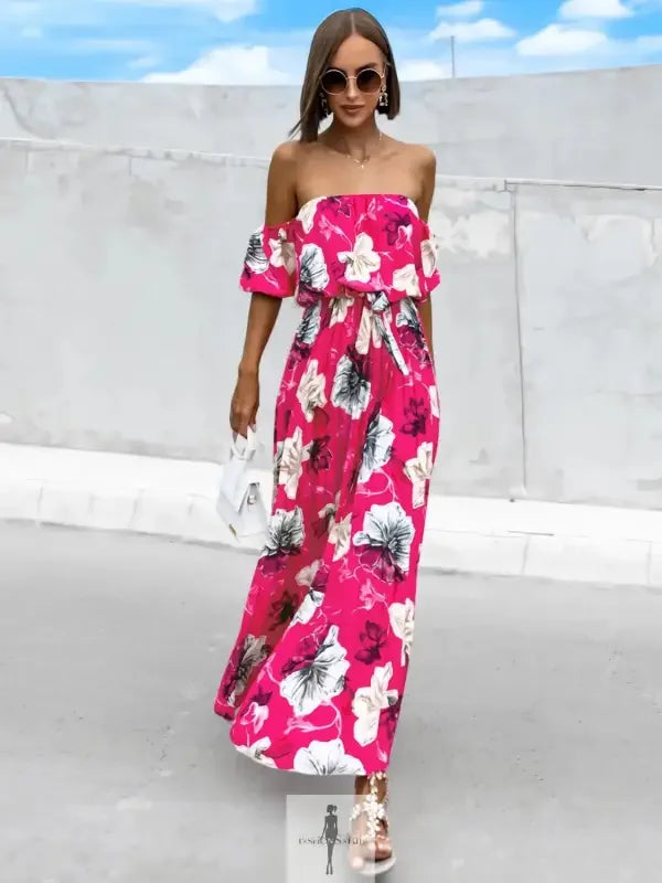 Fashionsarah.com Fashionsarah.com Pleated Floral Off-Shoulder Short Sleeve Midi Dress